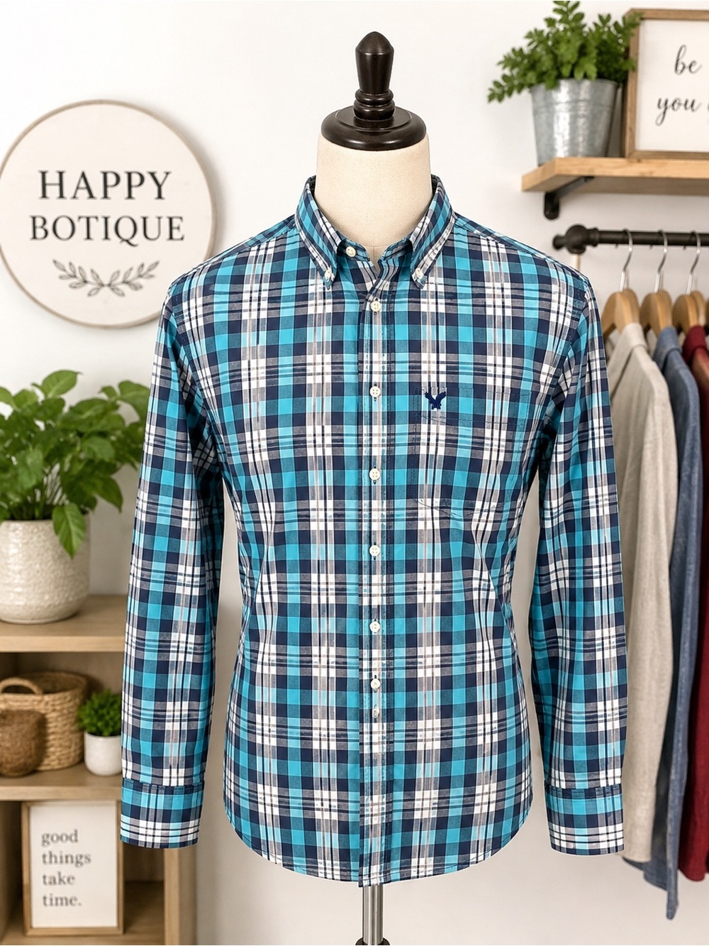 Men's Blue Plaid Button-Down Shirt - Casual Tailored Fit American Eagle‎ size L